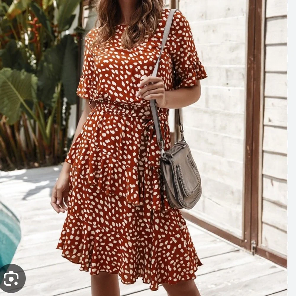 Belted Dalmatian Print Ruffle Trim Dress, Sz L - Picture 1 of 13